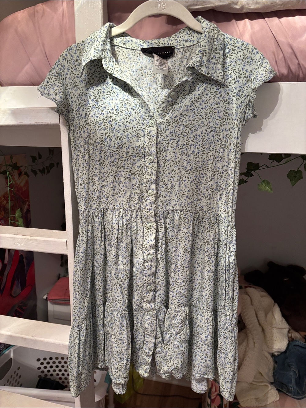 Light Blue and Green Floral Button-Up Dress